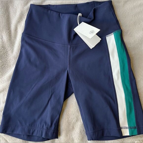 Tory Burch blue/white/green color block sports bra & highrise bike shorts set XS - Picture 12 of 14